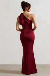 Berry Satin One Shoulder Maxi Dress With Bow